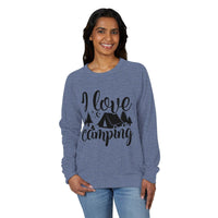 Printify sweatshirt on smiling model with I love camping tent graphic eco-friendly camping sweatshirt for outdoor lovers