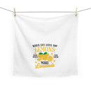 White kitchen towel with yellow lemonade themed tea towel design featuring lemons and inspirational text