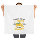 Printify lemonade themed tea towel with lemons and quote Make Lemonade on white fabric