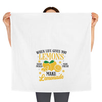Printify lemonade themed tea towel with lemons and quote Make Lemonade on white fabric