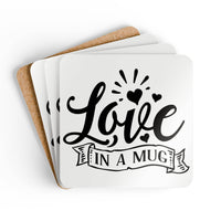 Set of Printify kitchen accessories love in a mug coasters with black script and heart designs