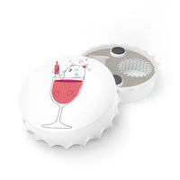 Printify magnetic cat bottle opener with white bottle cap design featuring a cat in a wine glass
