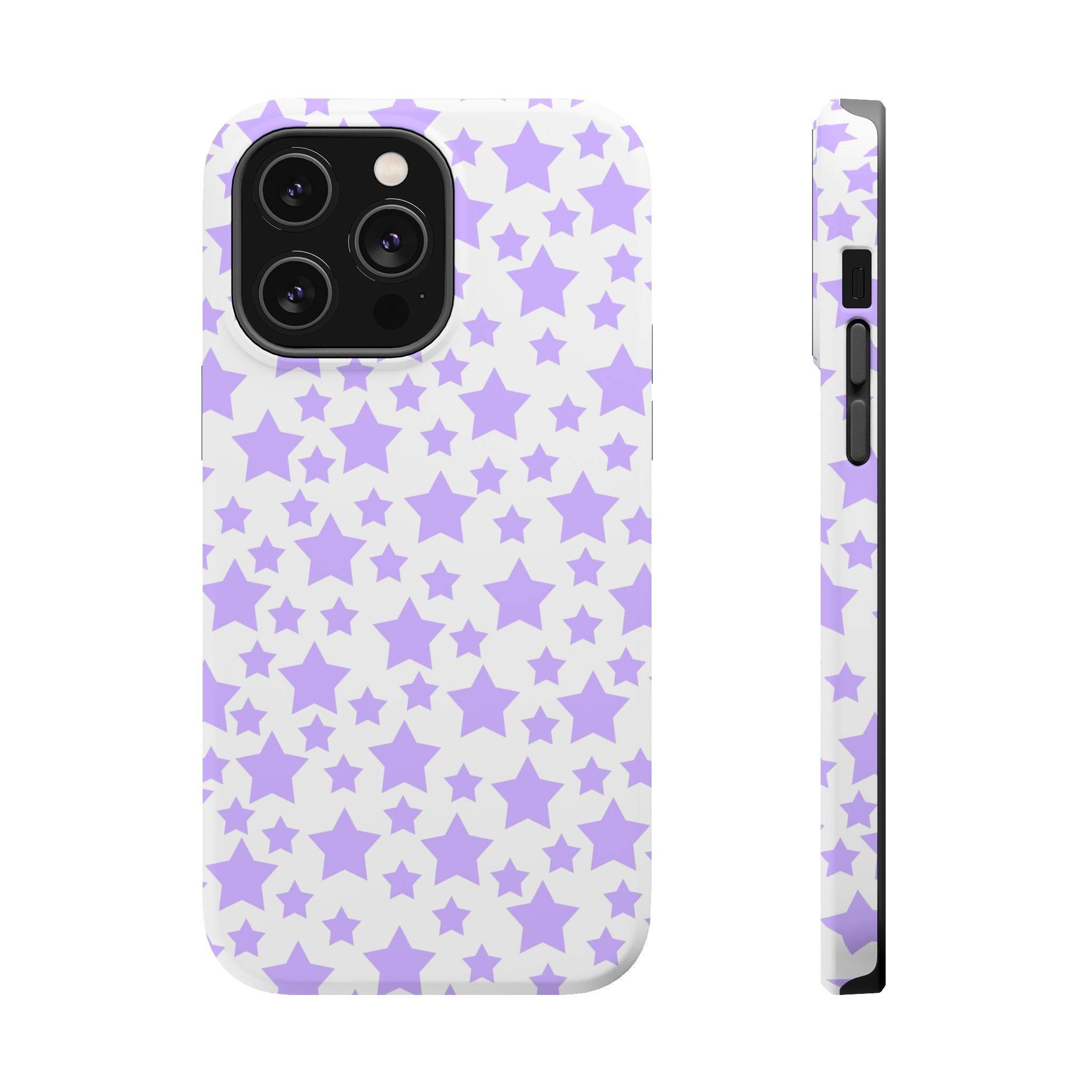Printify purple star pattern magnetic tough case eco-friendly phone case showing front and side views