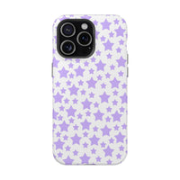 Printify phone case with purple star pattern featuring a magnetic tough case eco-friendly design