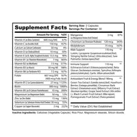 Supplement facts label for non-GMO multivitamin for men showing vitamins, minerals, and immune support ingredients