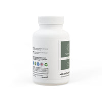 Printify non-GMO multivitamin for men white supplement bottle with health and recycling icons