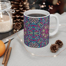 Printify mug with colorful mandala design eco mug filled with coffee on cozy textured surface with pinecones and candle