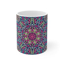 Printify mandala design eco mug with colorful intricate geometric floral pattern on white ceramic