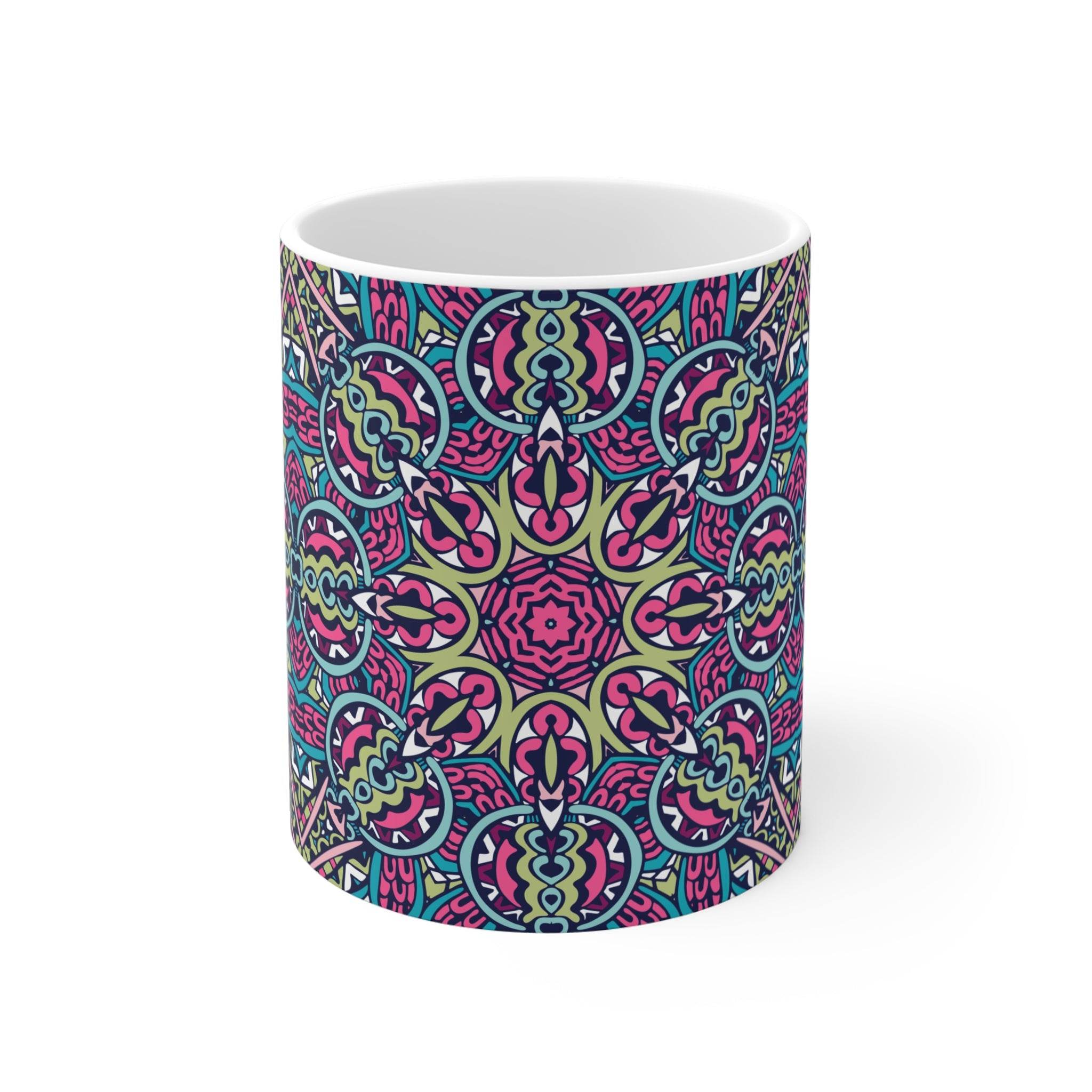 Printify mandala design eco mug with colorful intricate geometric floral pattern on white ceramic