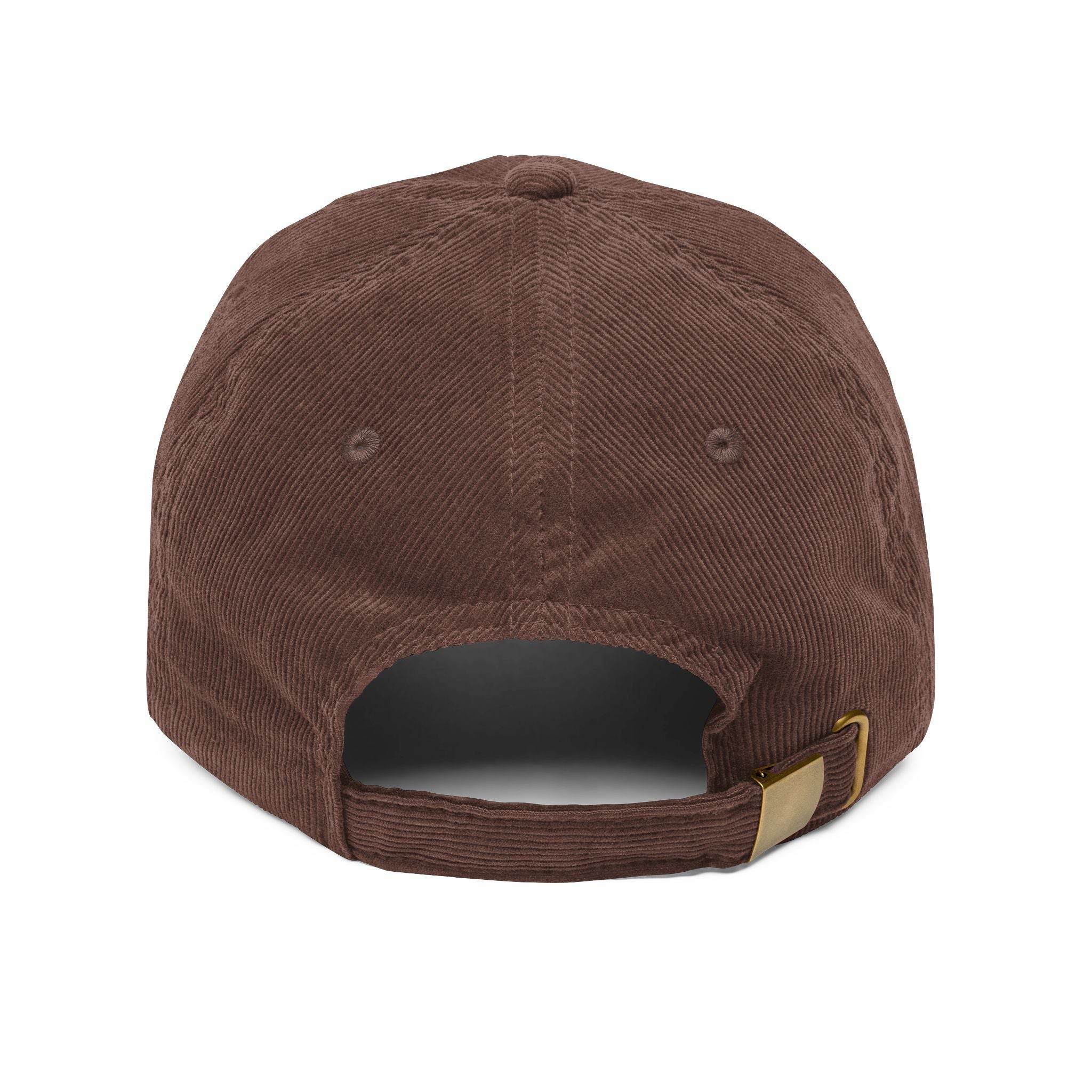 Brown vintage corduroy cap by Printify with adjustable strap and metal buckle shown from the back