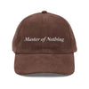 Brown vintage corduroy cap with Master of Nothing embroidery on front by Printify