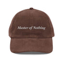 Brown vintage corduroy cap with Master of Nothing embroidery on front by Printify
