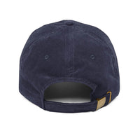 Back view of navy blue vintage corduroy cap with adjustable strap and metal buckle