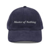 Navy vintage corduroy cap with Master of Nothing embroidered text on front by Printify