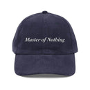 Navy vintage corduroy cap with Master of Nothing embroidered text on front by Printify