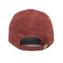 Back view of a red vintage corduroy cap by Printify with adjustable strap and brass buckle