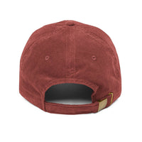 Back view of a red vintage corduroy cap by Printify with adjustable strap and brass buckle