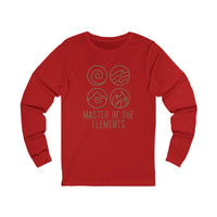 Red Printify eco-friendly long sleeve tee with master of the elements graphic design