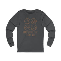 Printify eco-friendly long sleeve tee in dark gray with master of the elements graphic design