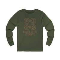 Printify eco-friendly long sleeve tee in olive green with master of the elements graphic design