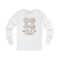 Printify eco-friendly long sleeve tee in white with master of the elements graphic design