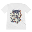 White men eco-friendly v-neck t-shirt with Surf for Life graphic and palm tree design