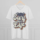 White men eco-friendly v-neck t-shirt with retro surf for life graphic print hanging on wooden hanger