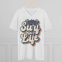 White men eco-friendly v-neck t-shirt with retro surf for life graphic print hanging on wooden hanger
