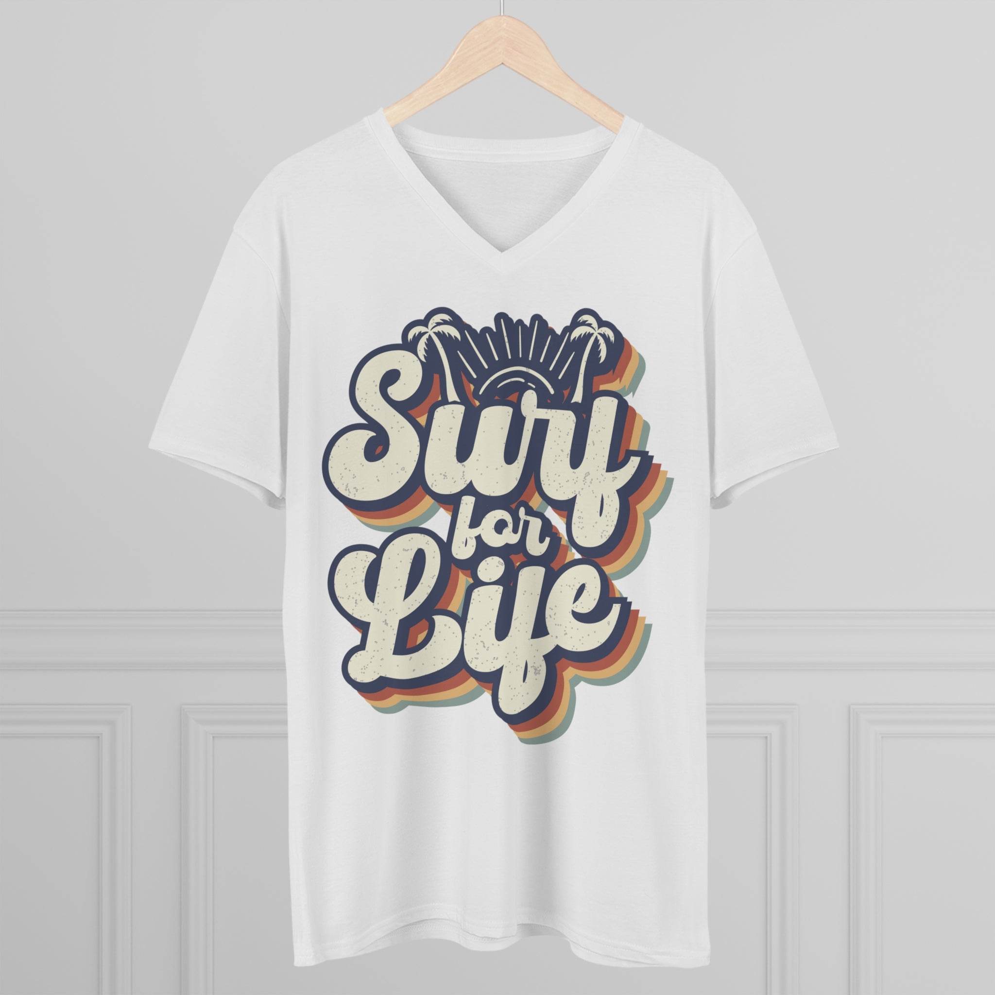 White men eco-friendly v-neck t-shirt with retro surf for life graphic print hanging on wooden hanger