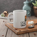 Printify eco-friendly ceramic mug with cat and text design on wooden tray with sugar cubes and spoon