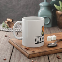Printify eco-friendly ceramic mug with cat and text design on wooden tray with sugar cubes and spoon