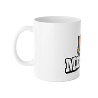 Printify white eco-friendly ceramic mug with partial colorful cat design and text