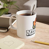 Printify eco-friendly ceramic mug with cat design filled with coffee on wooden table