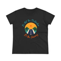 Black midweight women's eco tee featuring a graphic with the phrase It's Not the Destination It's the Journey