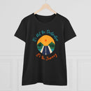 Black midweight women's eco tee with colorful road and sun graphic for a stylish casual look