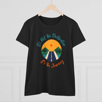 Black midweight women's eco tee with colorful road and sun graphic for a stylish casual look