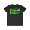 Printify eco-friendly men t-shirt in black with green Mister Locky text and clover graphic