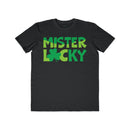 Printify eco-friendly men t-shirt in black with green Mister Locky text and clover graphic