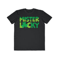 Printify eco-friendly men t-shirt in black with green Mister Locky text and clover graphic