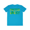 Printify eco-friendly men t-shirt in blue with green Mister Lucky text and shamrock graphic