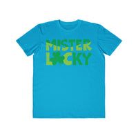 Printify eco-friendly men t-shirt in blue with green Mister Lucky text and shamrock graphic