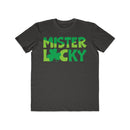 Printify eco-friendly men t-shirt in black with green Mister Lucky text and shamrock design