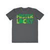 Eco-friendly men t-shirt by Printify with Mister Lucky text and green shamrock graphic