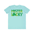 Printify light blue eco-friendly men t-shirt with green Mister Lucky text and shamrock graphic