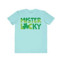 Printify light blue eco-friendly men t-shirt with green Mister Lucky text and shamrock graphic
