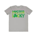 Printify eco-friendly men t-shirt in light gray with green Mister Lucky shamrock design