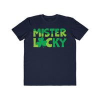 Printify navy blue eco-friendly men t-shirt with green Mister Lucky shamrock graphic design