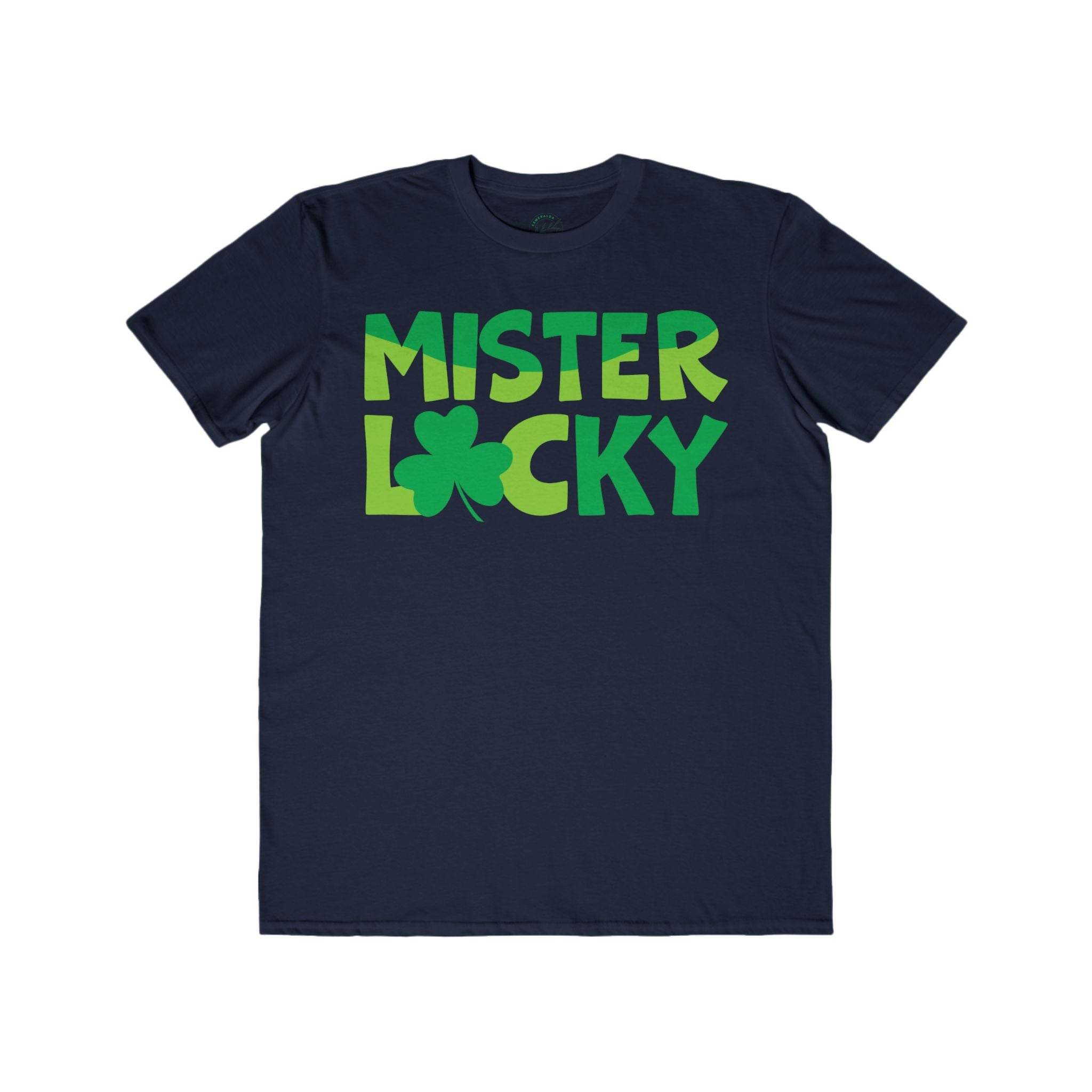 Printify navy blue eco-friendly men t-shirt with green Mister Lucky shamrock graphic design