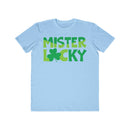 Printify eco-friendly men t-shirt in light blue with green Mister Lucky text and clover design
