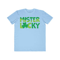 Printify eco-friendly men t-shirt in light blue with green Mister Lucky text and clover design